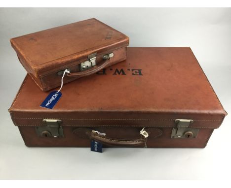 VINTAGE LEATHER SUITCASE AND AN ATTACHE CASE, both stamped initials (2)