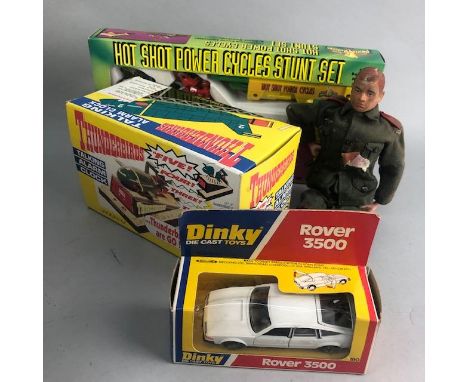 DINKY DIE CAST ROVER 3500, along with other model vehicles, including a Thunderbirds alarm clock, two Power Rangers toys and 