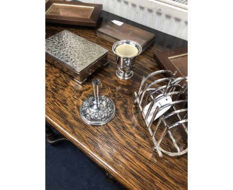 LOT OF THREE ENGRAVED COPPER PLATES, along with silver plated items including a cigarette box, table lighter and toast rack