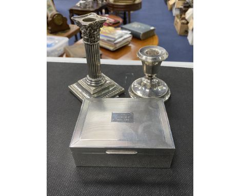SILVER CORINTHIAN PILLAR CANDLESTICK, 13.5cm high, along with another candlestick and a cigarette casket