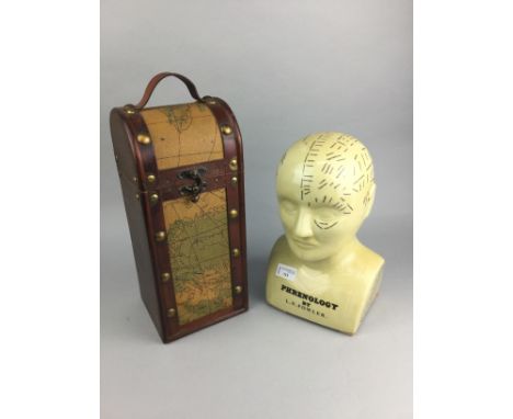CERAMIC PHRENOLOGY HEAD BY L.N FOWLER, 30cm high, along with a wood storage carry case, with brass detail (2)