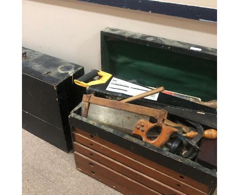 LOT OF VINTAGE TOOLS, some loose and some contained in a wooden chest