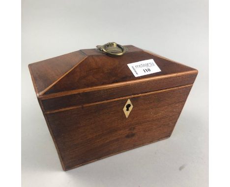 POST REGENCY SMALL MAHOGANY SARCOPHAGUS CADDY' outlined with boxwood stringing, the hinged cover with embossed brass handle, 