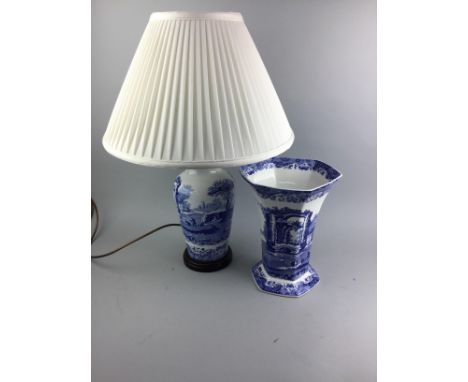 SPODE BLUE AND WHITE TABLE LAMP, 40cm high, with a cream fabric shade, along with a Spode blue and white vase, 26.5cm high (2