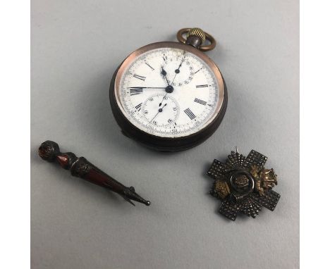 VICTORIAN KEYLESS WIND POCKET WATCH, along with a WWI silver Highland Light Infantry brooch and a silver hardstone dirk brooc
