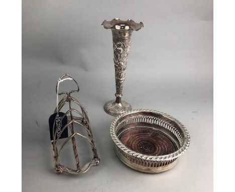 TWO SILVER PLATED TOAST RACKS, along with silver plated cutlery, serving baskets, salt and peppers, table lighter and other i