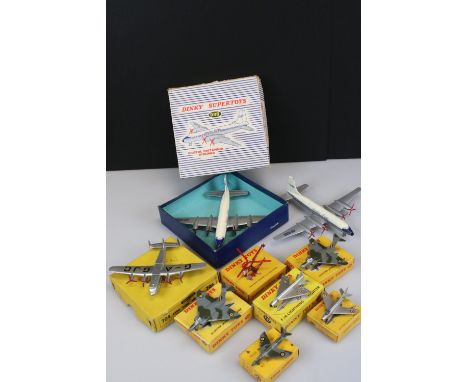 Eight boxed Dinky diecast model planes to include 998 Bristol Britannia Airline, 704 AVRO York Air Liner, 716 Westland Sikors