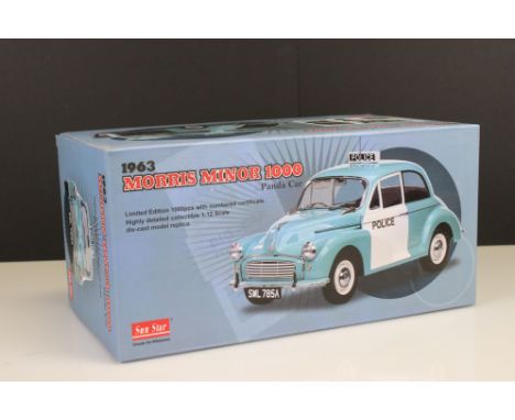 Boxed Sun Star ltd edn 1:12 4785 1963 Morris Minor 1000 Police Panda Car diecast model, complete with light and aerial, numbe