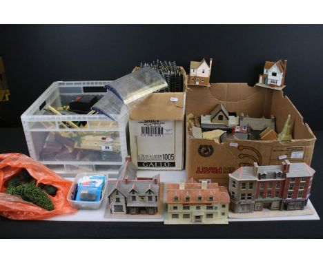 Quantity of OO gauge model railway accessories to include a collection of well made cardboard trackside buildings, platform, 
