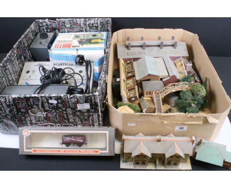 Quantity of OO gauge model railway to include card trackside buildings, scenery, boxed &amp; unboxed controllers (two boxes) 