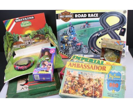 Collection of mixed toys to include boxed Hasbro Sindy Doll, boxed Marvel Alarm Clock, Totopoly, boxed Harley Davidson Road R