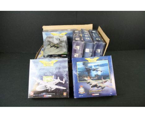 Nine boxed 1/144 Corgi The Aviation Archive diecast model planes to include 5 x Military (48203 Boeing 299 Fortress IIA, 4741