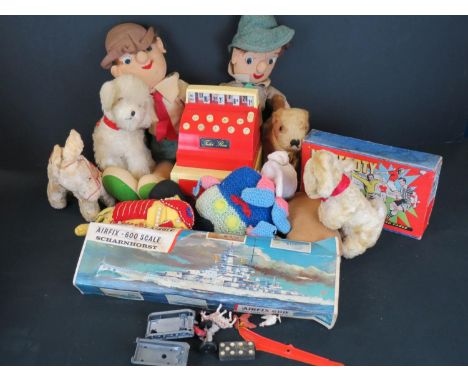 Group of vintage unmarked soft toys plus a boxed unbuilt Airfix 600 Scharnhorst plastic model kit, boxed New Footy Subbuteo t