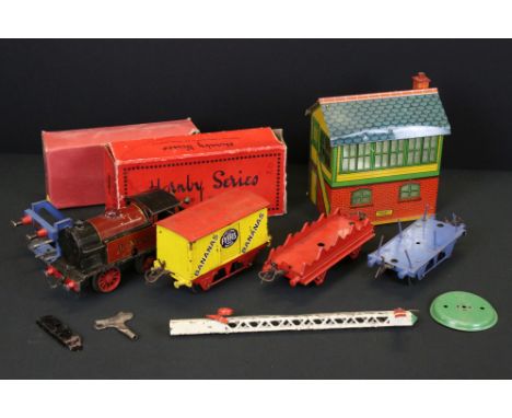 Group of Hornby O gauge model railway to include 0-4-0 LMS 2270 locomotive with key, Fyffes Bananas van, tin plated platform 
