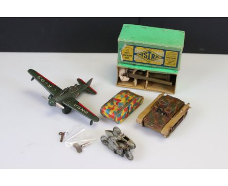 Four tin plate military models to include Takatoku TT wind up DNSA R-93 plane, D365 Tank, clockwork Motorcycle &amp; sidecar 