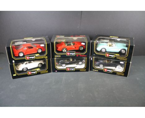 Six boxed Burago 1:18 diecast models to include Ferrari 456GT 1992, Chevrolet Corvette 1957, Dodge Viper RT/10 1992, Jaguar "