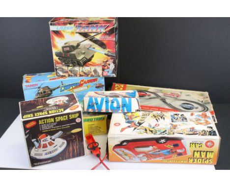 Seven boxed toys to include Woolbro Action Space Ship Reel Battery Operated Spiderman remote control Car, Marx Motorway, Tand