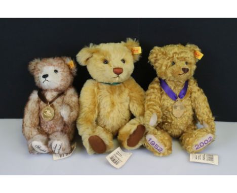 Three Steiff Teddy Bears including Golden Jubilee 660740 Bear, Teddy Bear 654756 and Scorpion 654947, all with ear tags and o