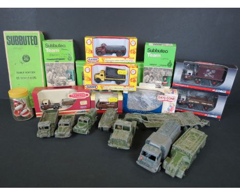 Group of mixed toys to include 4 x boxed Subbuteo teams (condition varies), 7 x play worn Dinky military diecast models and 6