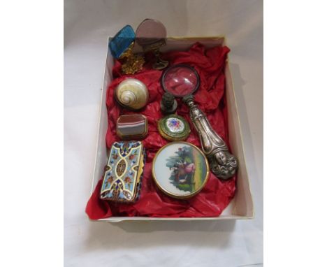 Good box of items to include a Victorian champleve enamel stamp box, agate snuff box and more