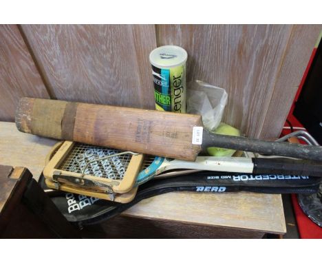 An old wooden Slazenger tennis racket with Dunlop press &amp; 7 tennis balls, a Browning squash racket, one Jack Burr 'The Co
