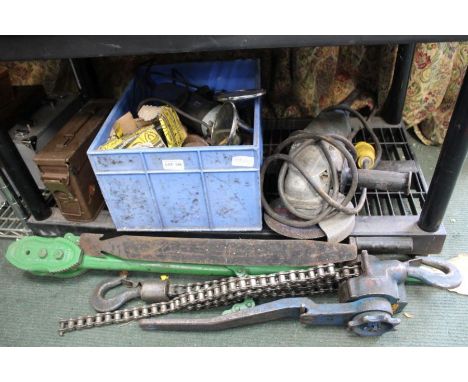 Selection of tools various to include angle grinder and manual ratchet winch
