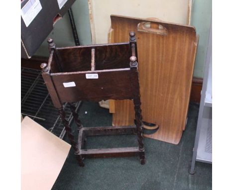 2 folding tray tables and a small oak stick stand