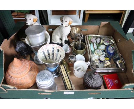 A Box containing enamelled pill boxes model dogs and a hall marked silver cigar lighter 