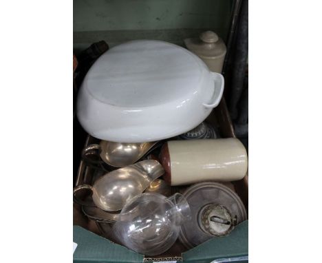 A box of domestic items to include oil lamp, plated serving items, and bed pan!