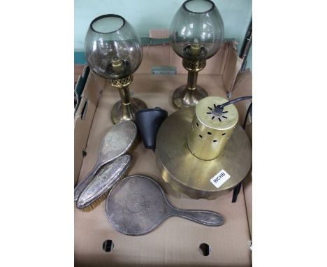 A box containing three piece silver dressing table top set, together with a pair of storm lamps, and a retro pendant lamp