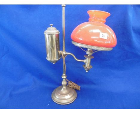 BRASS OIL LAMP WITH RED SHADE