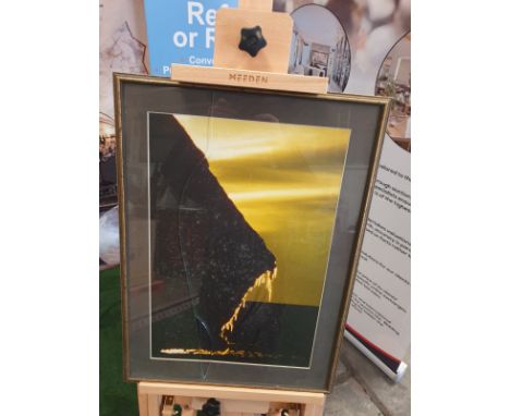 A framed modern seascape Rocks and sea landscape at Sunrise Gold frame 43 x 59cm (broken glass)