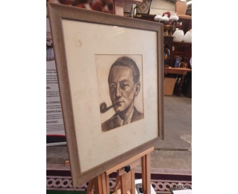 Framed portrait drawing charcoal and pencil of male sitter with pipe. 67 x 78cm