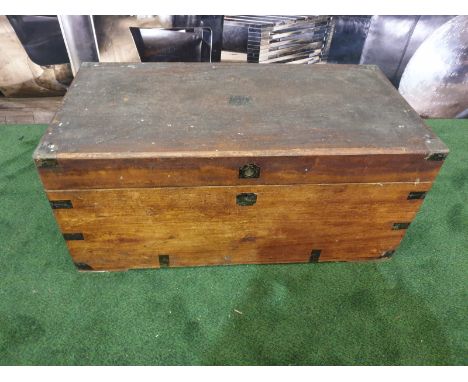 Oak Coffer or Travel Chest This mid-sized English oak coffer trunk is a pleasingly styled example with metal band strapping a