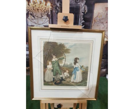 Framed coloured print of 4 Children playing, 1 child doing archery, hat and arrows on ground in foreground. M.A. Cox 55 x 58c
