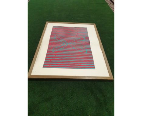 Framed without glass Modern art  Red/Blue stripes. Vee and inverted Vee. Whiteford 1991 122 x 96cm