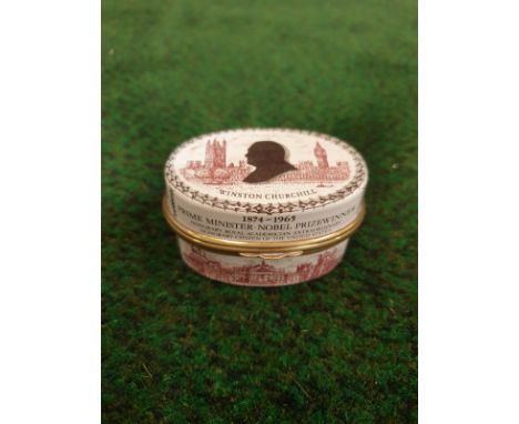 Halcyon Days Enamel Box  Of oval form printed in sepia and black to commemorate Sir Winston Churchill, number 3 of a limited 