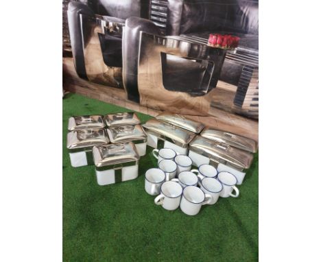 A quantity of enamel tins and cups as found with chrome clip lids 5 x large tins 25 x 13 x 10cm 6x small tins 17 x 14 x 10cm 