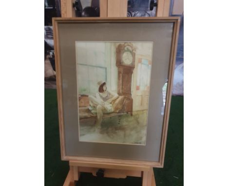 Framed watercolour Woman on chair by Grandfather clock singed and dated by Michael Smee '80  Michael was born in Chelmsford i