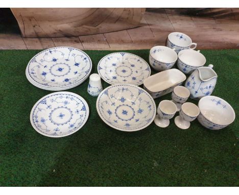 Furnivals Denmark â€“ Blue partial tea service comprising of 3x plates 1x service plates 1x saucer 1x pepper shaker 1x bowl 3