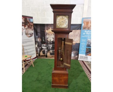 Provincial, mahogany or mahoganized oak, two weight, eight day time and hourly striking longcase clock, made by Charles Maxey