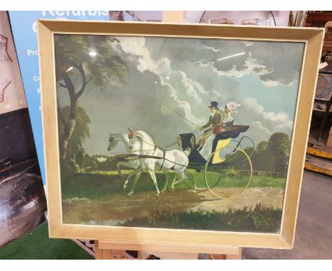 Framed coloured print In Regency Times, (Regency Figures, Horse and Carriage, in a City Street)After Doris Clareâ€ Zinkeisen 
