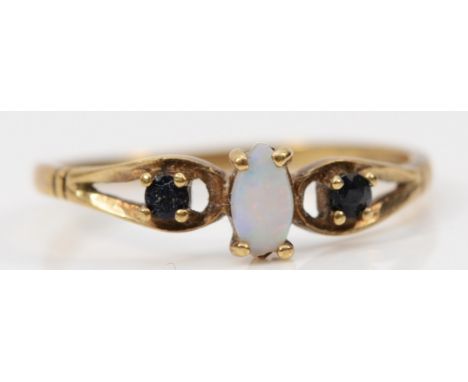 A 9ct gold opal and sapphire dress ring, O, 1.2g