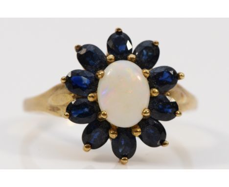 A 9ct gold opal and sapphire floral cluster ring, T, 3.3g