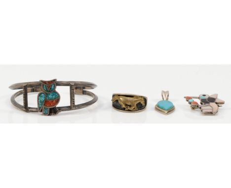 A Native American silver horse ring by OTT, an unmarked owl bangle and two other pieces, 36gm