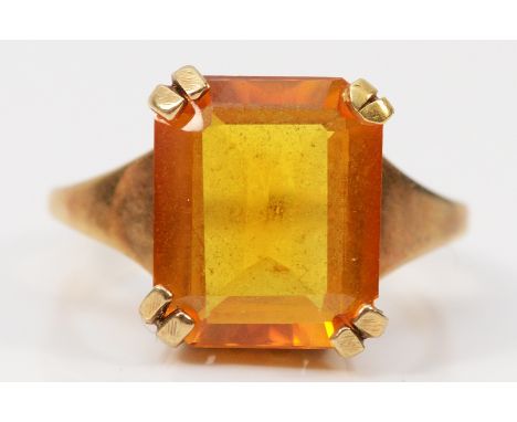 A 9ct gold yellow gemstone dress ring with open work gallery, J 1/2, 5.2g