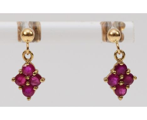 A pair of 9ct gold ruby drop earrings with scroll backs, 15mm drop, 1.1g