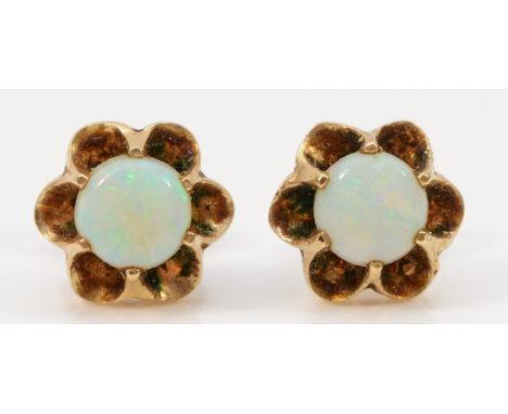 A pair of 9ct gold opal earrings with scroll backs, 1.3g