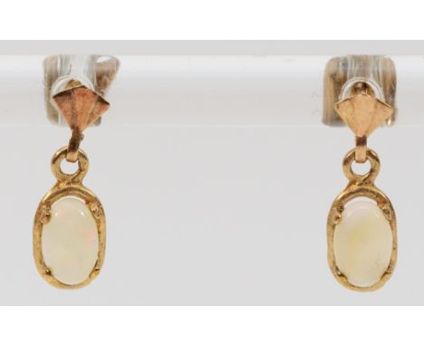 A pair of 9ct gold opal drop earrings with scroll backs, 0.7g