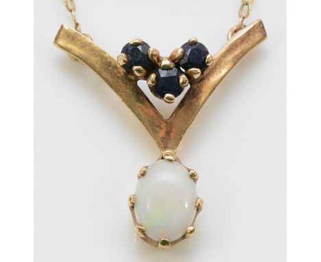 A 9ct gold opal and sapphire necklace, London 1979, 20mm drop, 2g